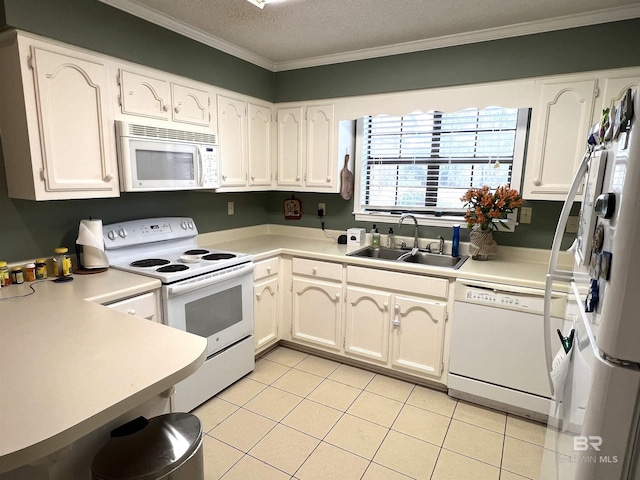 kitchen with white appliances, white cabinets, sink, and light tile patterned floors