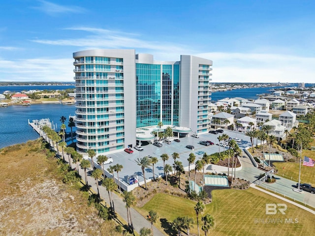 drone / aerial view featuring a water view