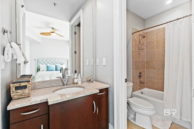 full bathroom with toilet, shower / tub combo, and vanity