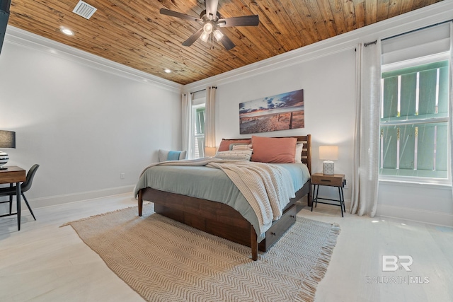 bedroom with visible vents, crown molding, multiple windows, and wood ceiling