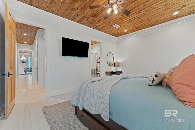 bedroom featuring visible vents, crown molding, baseboards, recessed lighting, and wood ceiling