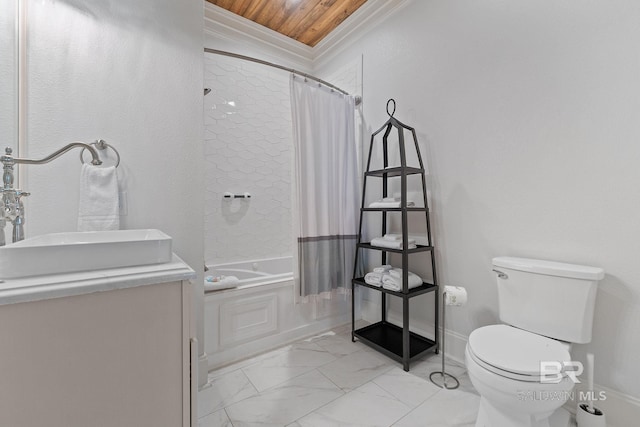 bathroom featuring toilet, shower / tub combo with curtain, vanity, marble finish floor, and ornamental molding