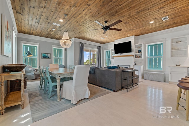 dining room with ornamental molding, wooden ceiling, ceiling fan with notable chandelier, visible vents, and wood finished floors