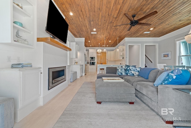 living area with crown molding, a fireplace, ceiling fan, recessed lighting, and wood ceiling