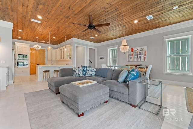 living area with a ceiling fan, crown molding, recessed lighting, and wooden ceiling
