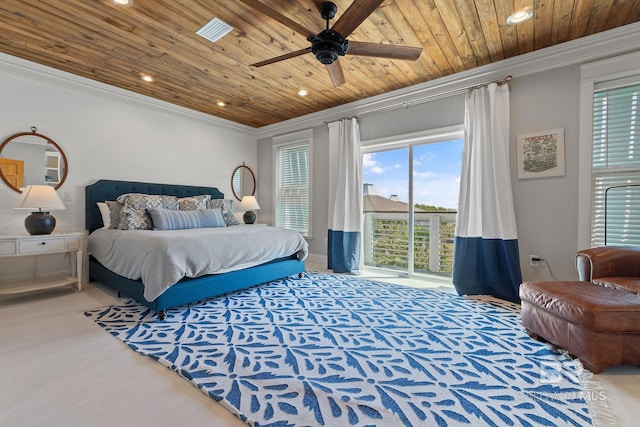 bedroom with multiple windows, wood ceiling, ornamental molding, and access to outside