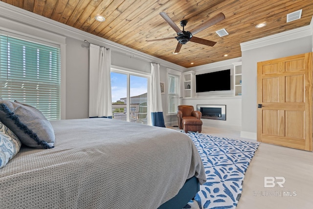 bedroom with ornamental molding, visible vents, a glass covered fireplace, and wooden ceiling
