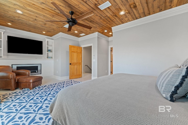 bedroom featuring recessed lighting, wooden ceiling, crown molding, and visible vents