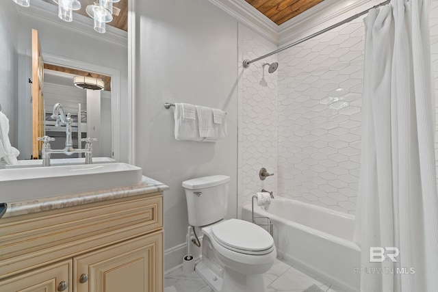full bathroom with crown molding, marble finish floor, toilet, vanity, and shower / bath combo with shower curtain