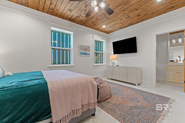 bedroom with baseboards, crown molding, and wooden ceiling