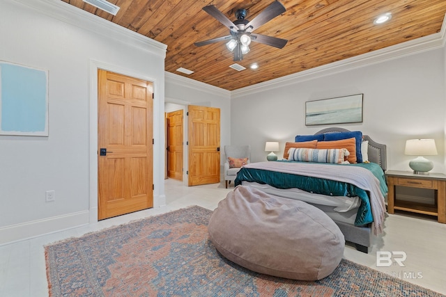bedroom with wood ceiling, a ceiling fan, baseboards, visible vents, and ornamental molding