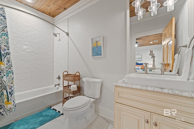 bathroom with baseboards, ornamental molding, toilet, vanity, and shower / bath combination with curtain