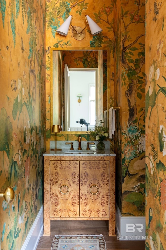 bathroom featuring vanity and hardwood / wood-style floors