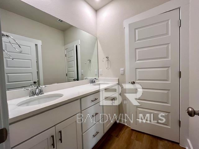 bathroom featuring hardwood / wood-style floors and vanity