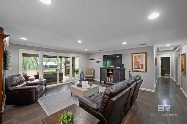living area with baseboards, recessed lighting, crown molding, and dark wood-style floors