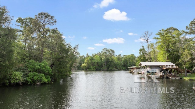 property view of water featuring a dock, a wooded view, and boat lift
