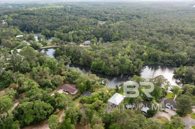 birds eye view of property featuring a wooded view and a water view