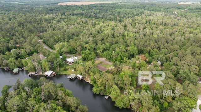 aerial view with a water view and a forest view