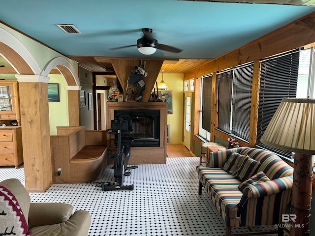 living room featuring ceiling fan