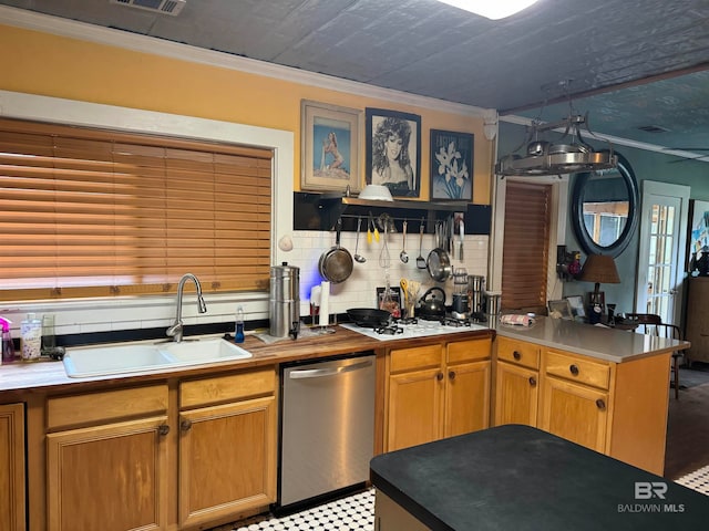 kitchen with dishwasher, crown molding, decorative backsplash, and sink