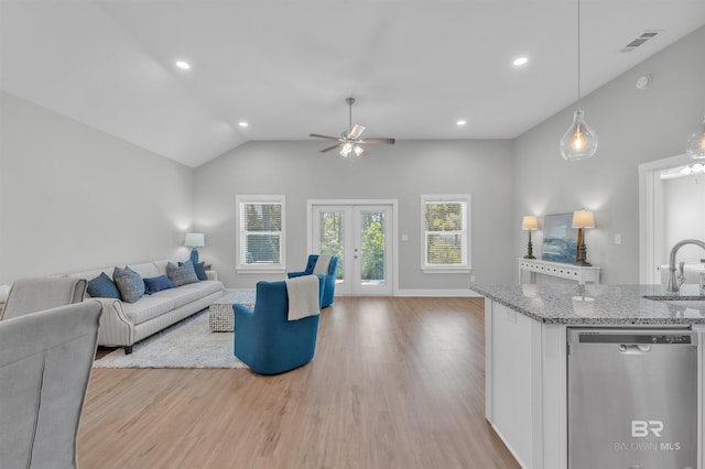 5774 Ono Ave, Pensacola, FL 32507 - living area with vaulted ceiling, light wood-style flooring, french doors, a ceiling fan, and recessed lighting