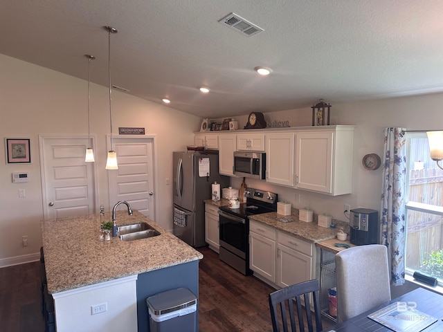 kitchen with white cabinetry, lofted ceiling, dark wood-type flooring, appliances with stainless steel finishes, and sink