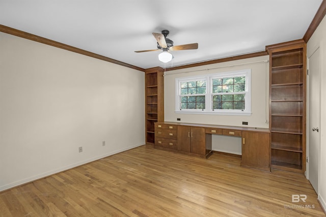 52 N Hawthorne Pl, Mobile, AL 36608 - unfurnished office featuring built in study area, a ceiling fan, light wood-style flooring, ornamental molding, and baseboards
