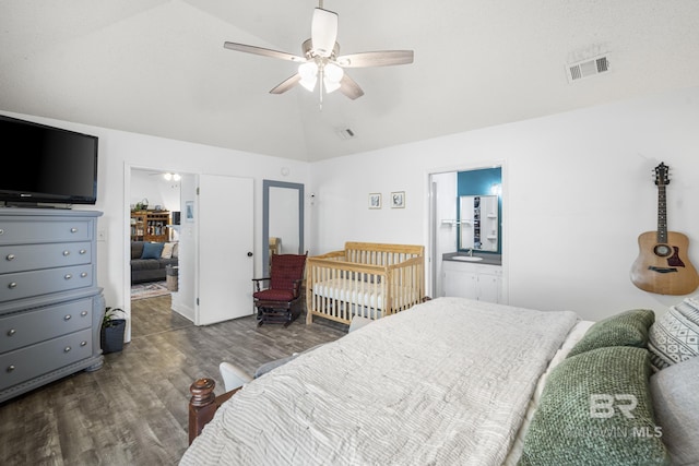 117 Richmond Rd, Daphne, AL 36526 - bedroom featuring wood finished floors, lofted ceiling, ensuite bath, and ceiling fan