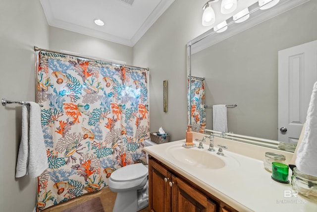 bathroom featuring vanity, toilet, and crown molding