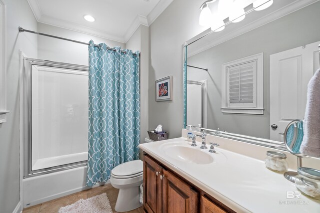 full bathroom featuring tile patterned floors, shower / bath combo with shower curtain, ornamental molding, and vanity