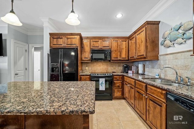 kitchen with black appliances, pendant lighting, crown molding, and sink