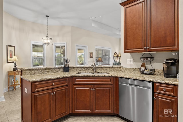 kitchen featuring sink, dishwasher, hanging light fixtures, light stone countertops, and kitchen peninsula