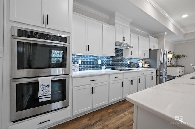 kitchen with light stone countertops, crown molding, stainless steel appliances, and white cabinets