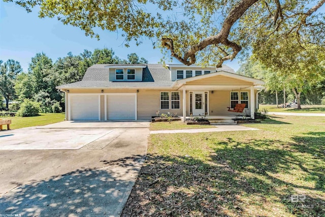 9005 Tuscaloosa Dr, Perdido Beach, AL 36530 - view of front of property featuring driveway, an attached garage, a front lawn, a porch, and a shingled roof