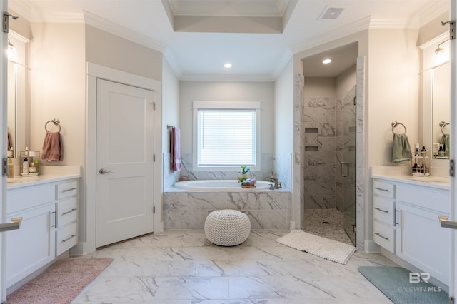 bathroom featuring a bath, visible vents, vanity, a marble finish shower, and recessed lighting