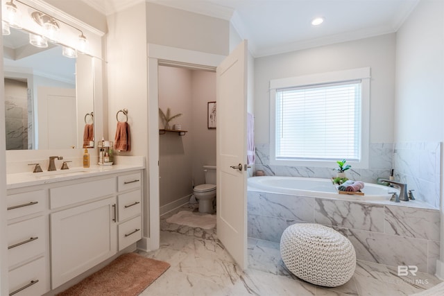 full bathroom featuring a garden tub, crown molding, vanity, toilet, and marble finish floor