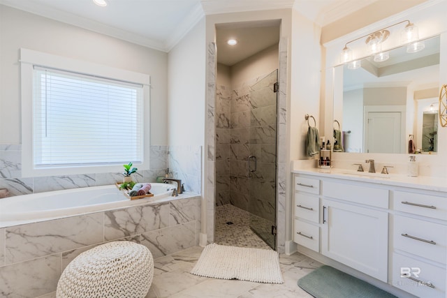 full bath with vanity, ornamental molding, marble finish floor, a bath, and a shower stall