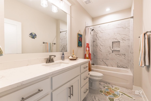 full bathroom featuring visible vents, shower / bath combination with curtain, vanity, toilet, and marble finish floor