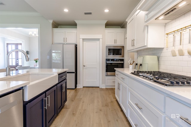 kitchen featuring crown molding, appliances with stainless steel finishes, premium range hood, white cabinetry, and tasteful backsplash