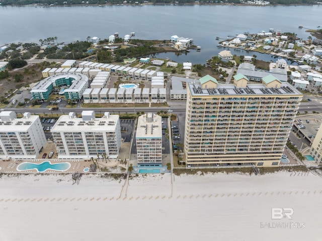 aerial view featuring a water view