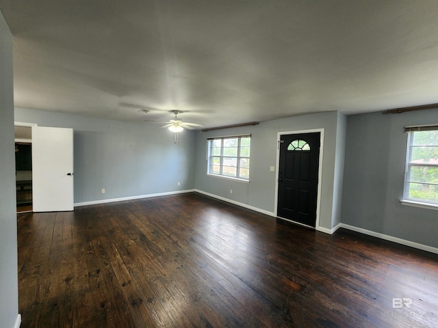 foyer entrance featuring plenty of natural light, ceiling fan, and dark wood-type flooring