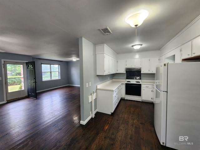 kitchen with white cabinetry, double oven, white refrigerator, and dark hardwood / wood-style flooring