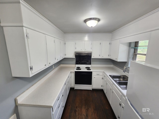 kitchen featuring crown molding, dark wood-type flooring, white cabinets, electric stove, and sink