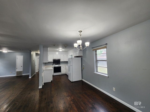 kitchen featuring white appliances, decorative light fixtures, dark wood-type flooring, an inviting chandelier, and white cabinetry