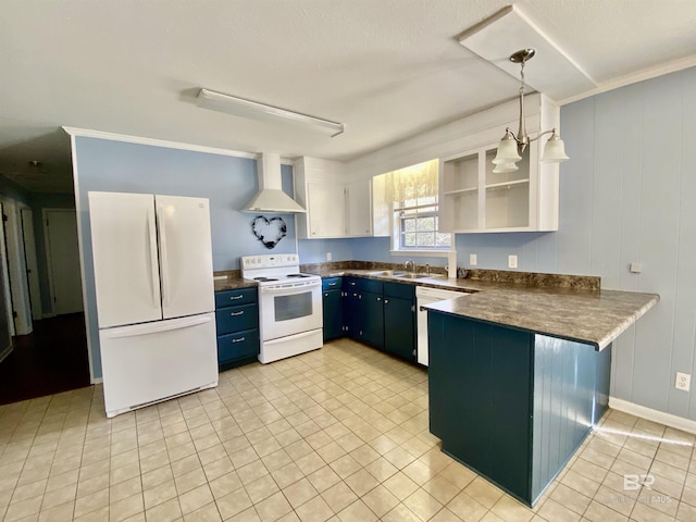 kitchen with a peninsula, a sink, dark countertops, white appliances, and wall chimney range hood