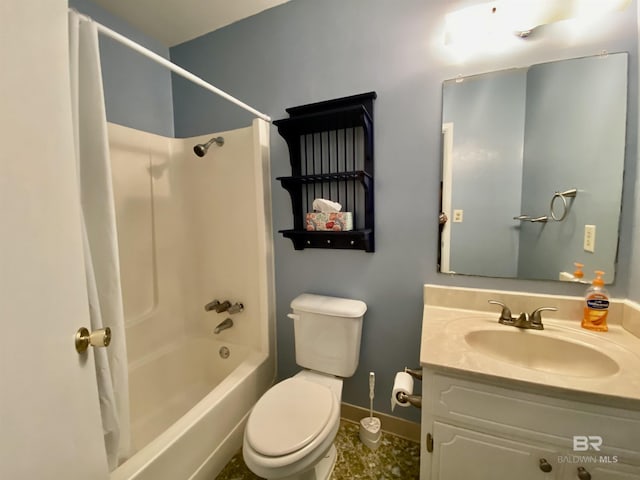 bathroom with shower / bathing tub combination, vanity, toilet, and baseboards