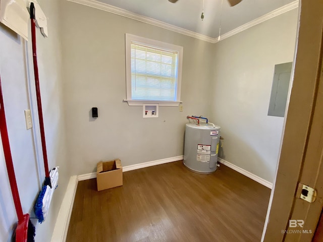 laundry room featuring wood finished floors, laundry area, ornamental molding, electric water heater, and washer hookup