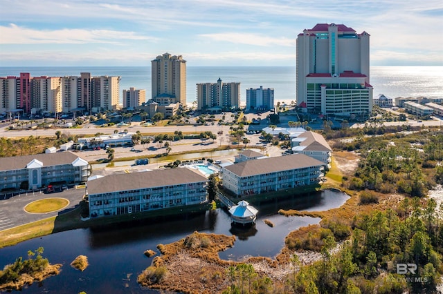 aerial view featuring a water view