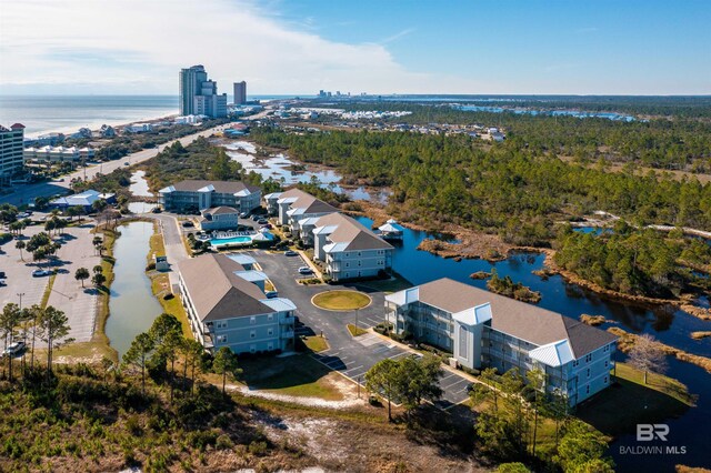 aerial view featuring a water view