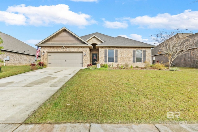 ranch-style house with a garage and a front yard